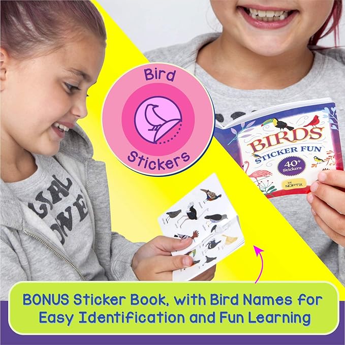 Binoculars for Kids, Girls or Boys Real Kids Binoculars in Vibrant Green Blue - Includes Sticker Book with 40 Bird Species - Small Toys for Toddlers