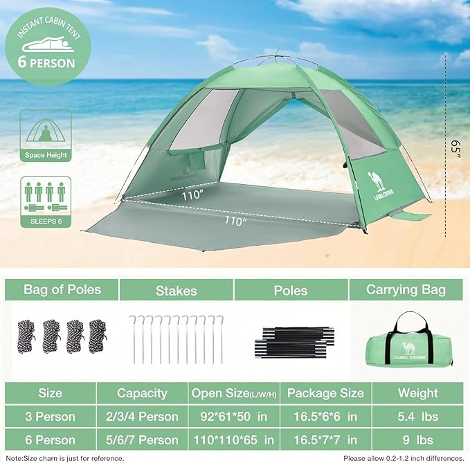 CAMEL CROWN Beach Tent UPF 50+ Sun Shelter for 2/3/5/6 Person, Lightweight Portable Sun Shade with Sand Anchor, Family Beach Day & Outdoor Adventures
