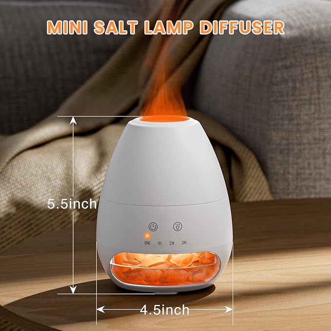 Ultrasonic Essential Oil Diffuser with Himalayan Salt Rock,Flame Oil Diffuser with 2 Color Light,Small Aromatherapy Oil Diffuser with Auto Off Function for Home, Office,Spa,100ML