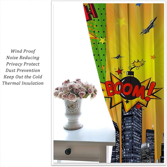 Superhero Rod Pocket Blackout Curtains for Boy Girl Bedroom, City War Explosion Comics Art Thermal Insulated Home Window Drapes for Living Room Darkening, 72x63 inch