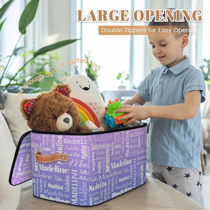 Custom Storage Basket with Name, Personalized Storage Bins with Zipper Lid, Foldable Fabric Storage Box Large capacity with Handle Purple