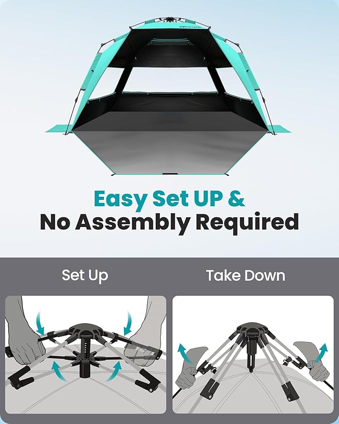 OutdoorMaster Beach Tent with Blackout Shelter Technology, Portable Beach Shade Sun Shelter Canopy for 4-6 Person with UPF 50+ UV Protection, Easy Setup Pop Up Tent Family Size