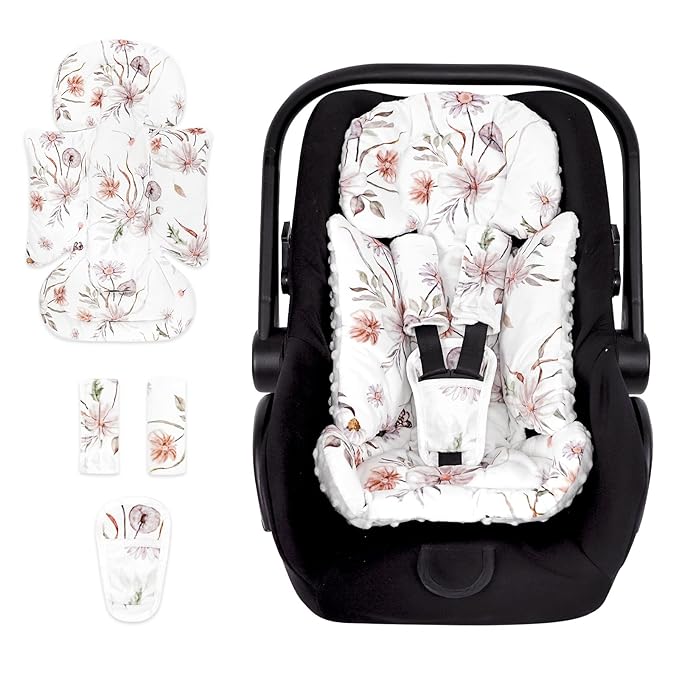 Infant Car Seat Insert and Strap Covers, Very Soft Car Seat Head Support Baby Girl Boy, Reversible Newborn Carseat Insert Cushion Fits for Stroller, Baby Swing, Bouncer (White Flower)