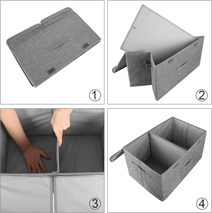 2 Pack Large Storage Boxes with Lids and Handles, Collapsible Linen Storage Bins Organizer Containers Baskets Cube with Removable Divider for Home Bedroom Closet Office (Coffee, Large)