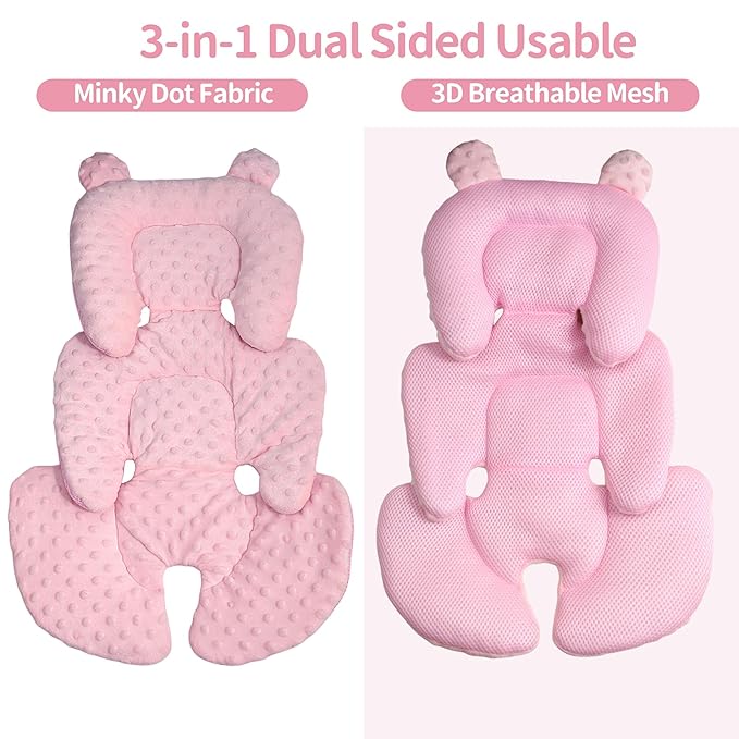 3in1 Reversible Carseat Head Body Support Newborn,3D Minnky Infant Car Seat Insert,Extra Soft Breathable Baby Car Seat Pillow Cushion Boys Girls,fit Stroller,Bouncer,Swing(Pink)