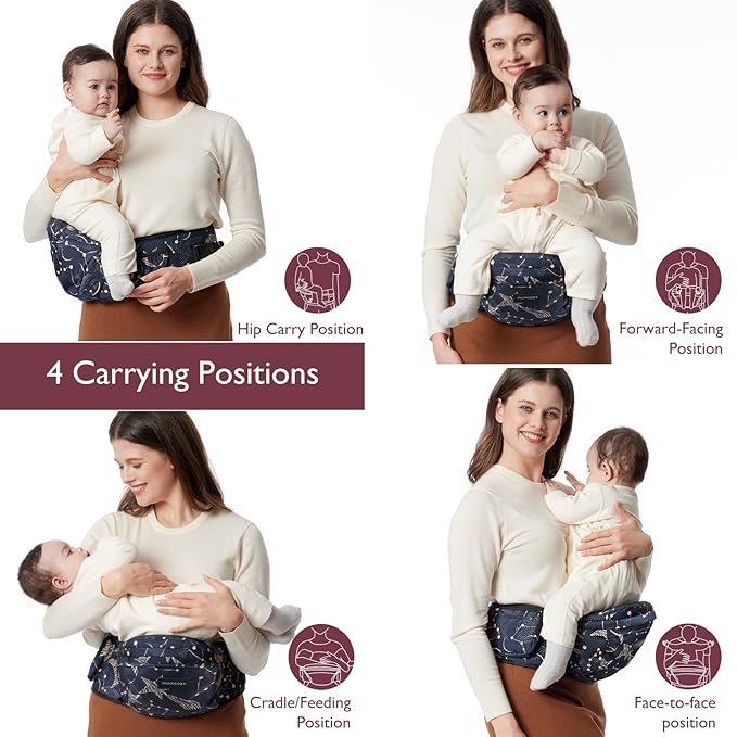 Momcozy Hip Seat Baby Carrier - Adjustable Waistband with Original 3D Belly Protector, Ergonomic Carrier with Various Pockets for Newborns & Toddlers up to 45lbs (Starry Sky, Large)