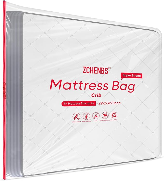 ZCHENBS® – Mattress Bags for Moving and Storage,Mattress Bag with Zippers,5 Mil Ultra-Thick Bed Bag,Waterproof,Anti-Tear,Heavy-Duty Mattress bag (Transaparent/Red, Crib-(1 Pack))