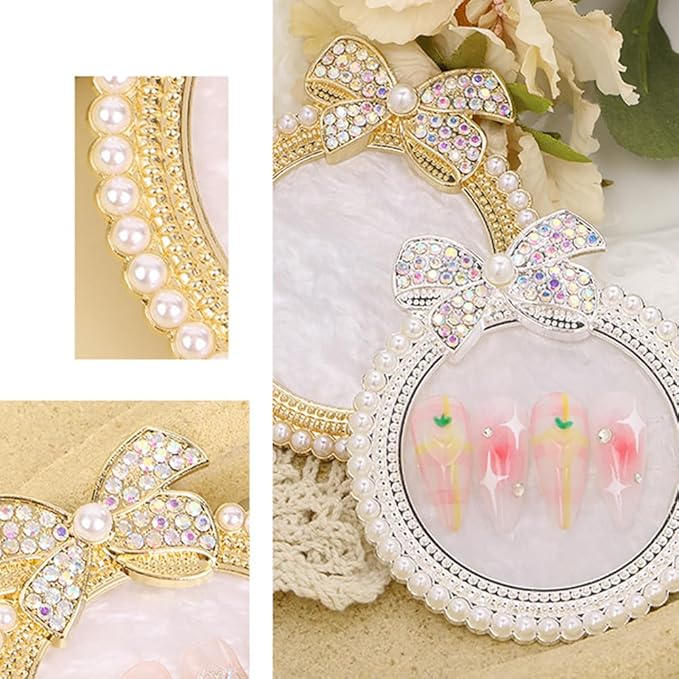 2 Pack Bow with Rhinestones Pearl Nail Art Palette Nail Polish Art Painting Mixing Palette Holder Pearl Edge Professional Cosmetic Nail Art Tools for Women and Girls Nail Polish Display