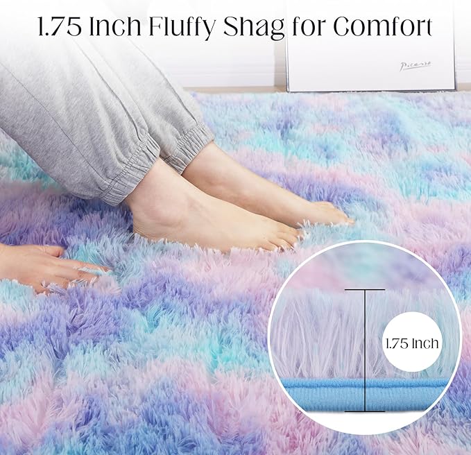 Rainbow Rug for Girls Room, 4x6 Fluffy Area Rugs for Bedroom, Colorful Kids Rug Cute Anti-Skid Indoor Carpet for Nursery, Living Room, Playroom, Home Decor