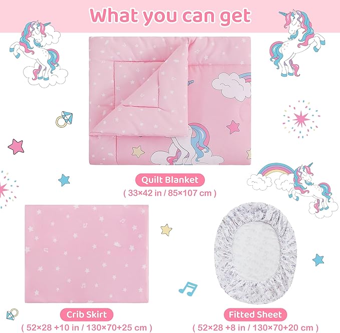 Viviland 3 Pieces Baby Bedding Set for Boy Girls, Baby Bedding Set for Newborn, Infant & Toddler - Unicorn
