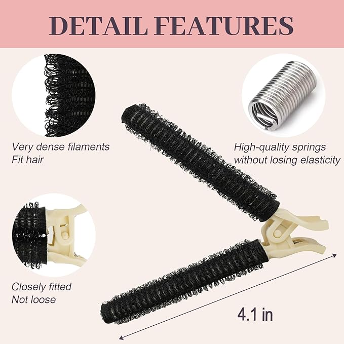 4PCS Volumizing Hair Clips for Root Lift & Volume - Instant Bangs Roller Clips for Effortless Curls & Lift - Velcro Rollers For Hair - Hair Rollers For Women - Black