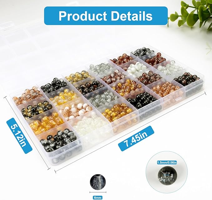 XSEINO About 1200PCS 6mm Crack Glass Beads,24 Assorted Crack Earthtone Blackwhite Series Colorful Crystal Beads for Bracelet and Jewelry Making and DIY Crafts,Friendship Bracelets