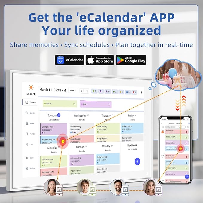 21.5 Inch Digital Calendar, Electronic Chore Chart, Smart Weekly and Monthly Planner 1920 * 1080P IPS Touchscreen Wall and Desk Calendar for Family Schedules, White