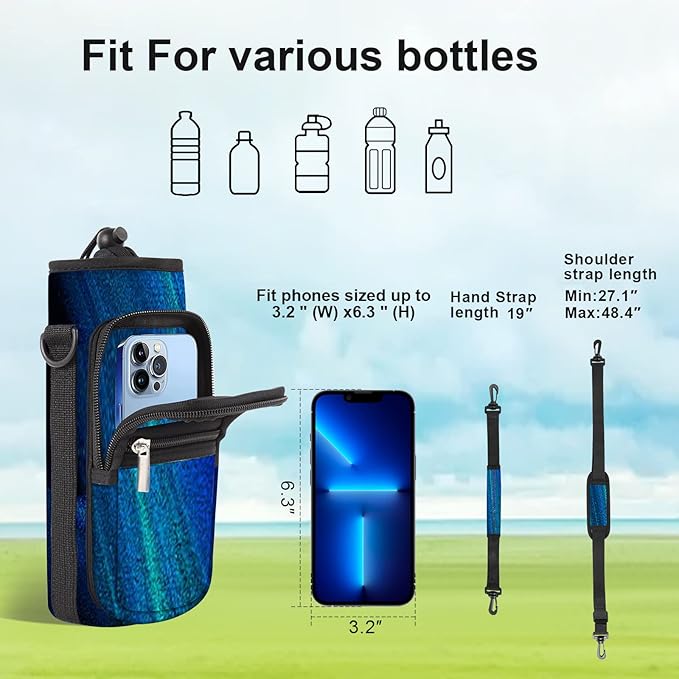 25/32/40/64oz Water Bottle Bag Holder Carrier-Insulated Crossbody Sling Case Sleeve with Strap & Pockets for Men Women Gym Cycling Travel Walking Hiking Camping