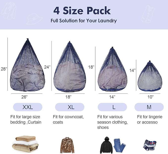 4Pcs Mesh Laundry Bags Washing Machine Mesh Wash Bags for Clothes,Underwear,Lingerie, Bed Linen with Drawstring Closure Sturdy(4 Size, Blue)