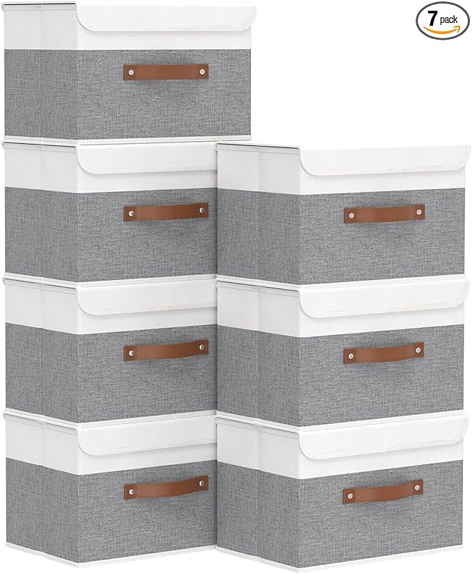 Yawinhe Storage Boxes with Lids, Linen Fabric Bin, Cube Organizer Basket, Washable and Leather Handle, for Home, Closet, White/Grey, 15.0''Lx9.8''Wx9.8''H, 7-Pack, USNK024WGL-7