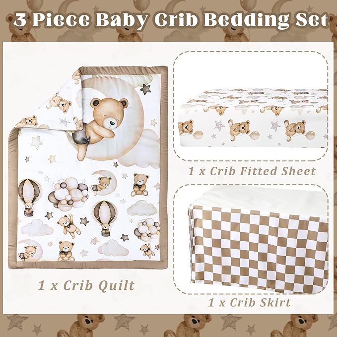 3 Pcs Baby Crib Bedding Set Safari Animals Dinosaurs Bear Woodland Animals Jungle Crib Set Includes Quilt, Fitted Sheet, Skirt for Baby Boy Girl(Brown,Teddy Bear)
