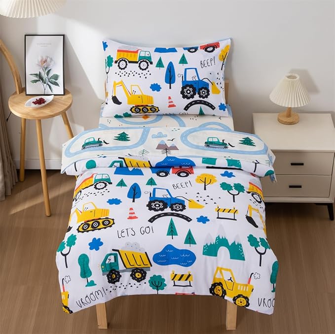 NTBED 4 Pieces Construction Toddler Bedding Set for Baby Boys,Tree Truck Vehicles Excavator Cars Printed, Includes Comforter, Flat Sheet, Fitted Sheet and Pillowcase,Blue