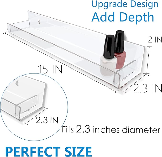 4 Pack 15 Inch Clear Acrylic Shelves, Clear Kids Floating Bookshelf for Kids Room, Modern Nail Polish Rack Sunglasses Essential Oil Picture Ledge Display Toy Storage Wall Shelf