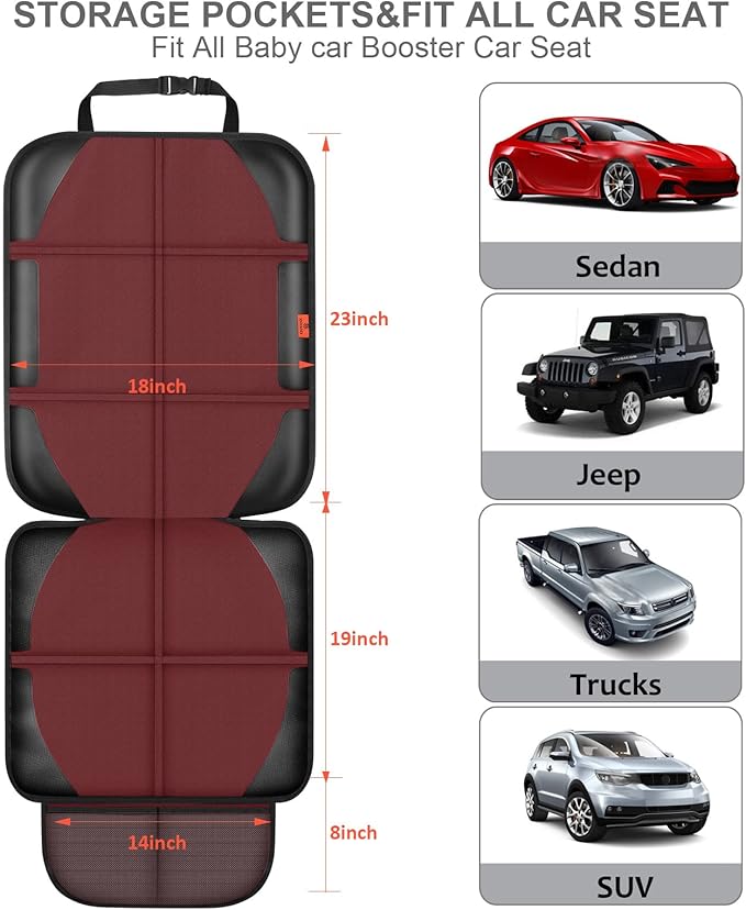 Car Seat Protector,2 Pack Automotive Seat Protectors Baby Carseat Pad Waterproof Durable 600D Fabric for Child Baby Car Seat Mat Vehicle Pet Cover 2 Storage Pockets (Wine Red)