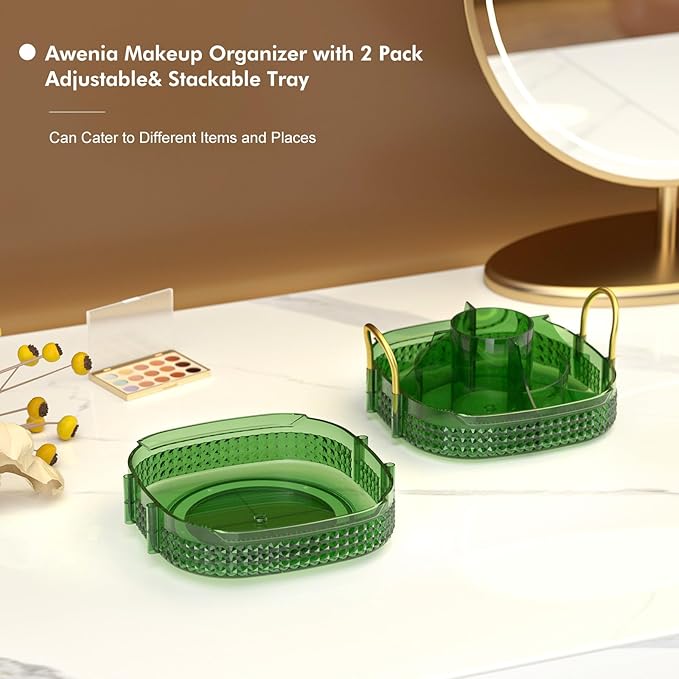 Awenia Rotating Makeup Organizer 360, Stackable Adjustable Large Capacity Cosmetic Storage Unit,Dresser Bathroom Kitchen Countertop Organizer with Metal Handle, Plus Size (Gem Green, 2 Tier)