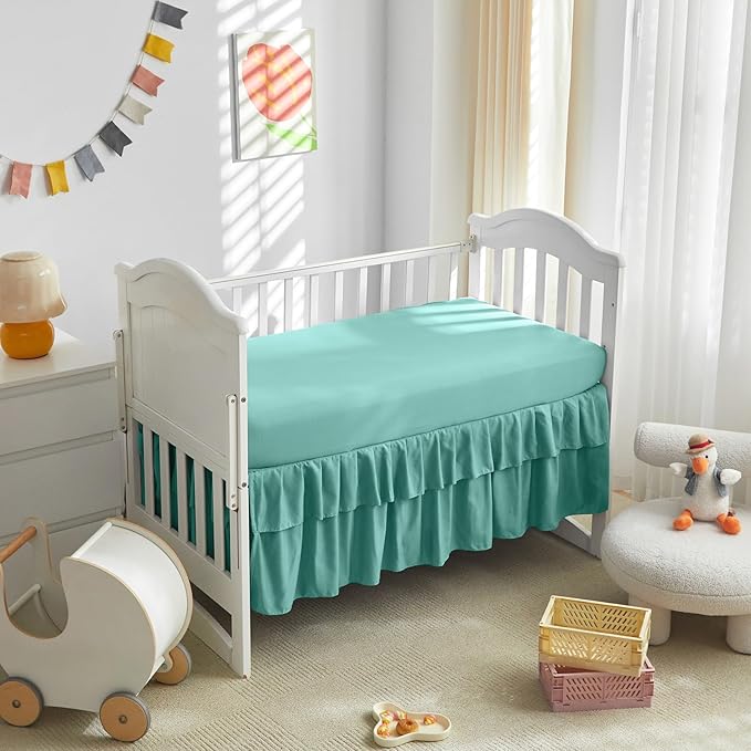 Tufted Ruffle Crib Bedding Set 3 Pieces Baby Girls Boys Boho Quilted Comforter with Fitted Sheet and Bed Skirt - Cute Ruffled Shabby Chic Baby Bedding Soft Blanket Design Teal Blue