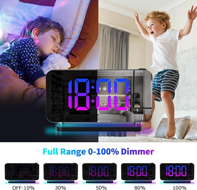 Projection Alarm Clock for Bedroom Ceiling,RGB Digital Clocks Radio with 10 Colors RGB Night Light,Loud Alarm Clock for Heavy Sleepers,USB C Charger Port,Snooze,12/24H,Auto Dimming