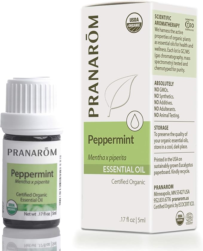 Pranarom USDA Certified Organic Peppermint Essential Oil (5ml), 100% Pure Undiluted Therapeutic Grade from India for Aromatherapy, Diffuser, Topical, Cooling, Massage & Relaxation