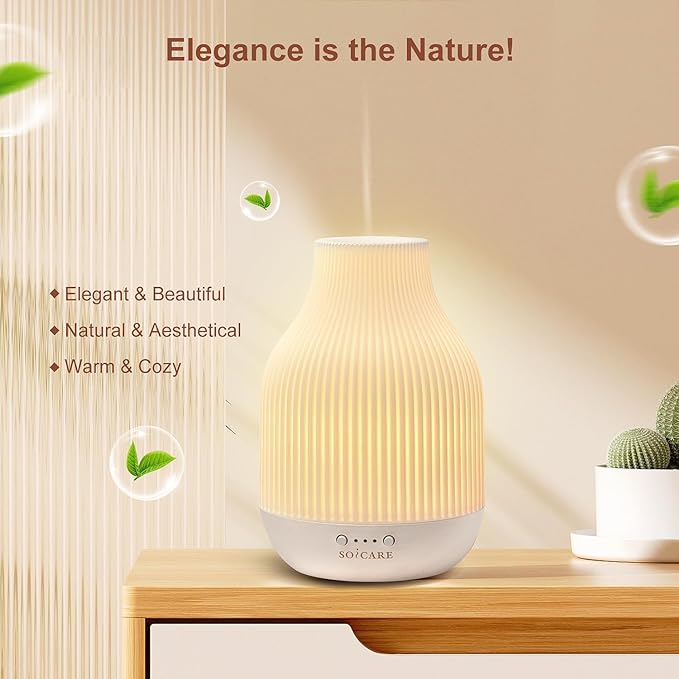 SOICARE Elegant Ceramic Diffuser for Essential Oils with Solid Wood Base,Stone Aromatherapy Essential Oil Diffusers for Home Office Room Decor Gift (180ML)