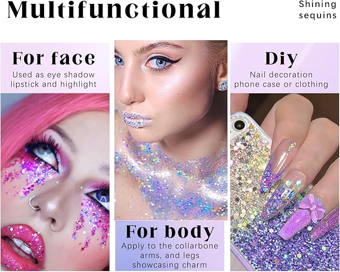 2 Colors Roll-on Body Glitter Gel, Holographic Glitter Gel Under Light for Face Hair, Body Shimmer for Rave Accessories Christmas New Year Halloween Makeup (9+10)