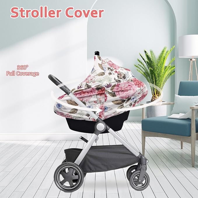Nursing Cover Breastfeeding, Multi-use Baby CarSeat Cover Girls, Infant Stroller Car Seat Cover, Stretchy Carseat Canopy, Soft Breathable, Peony
