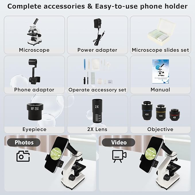 Microscope for Adults Professional:Compound Microscope for Kids 8-12,100X-2000X Kids Microscope Kit with Prepared Microscope Slides and Covers,Plant Stereo Microscopes for Kids Homeschool Lab
