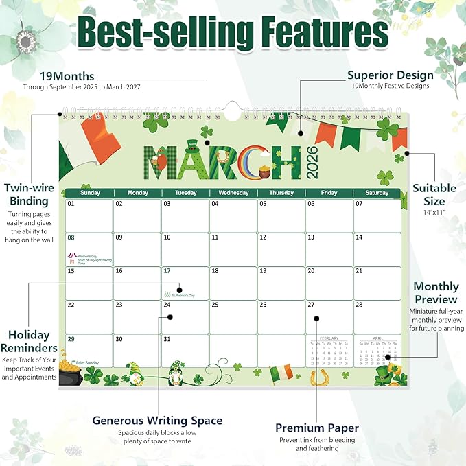 GuassLee Wall Calendar 2025-2026, Vertical Wall Calendar 2026, Sept. 2025 to Mar. 2027, 14" X 11" 19-Month Holiday Themed Calendar Hanging Planner Wall for Home School Office Planning & Organizing