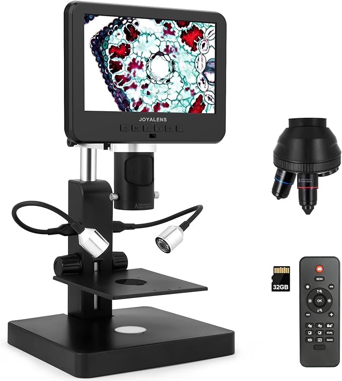JL246P 3 Lens 7'' LCD Digital Microscope 1000X, Biological Microscope with Prepared Slides for Adults and Kids,12MP for Coin Microscope Full Coin View, 32G Card, Multiple Lights