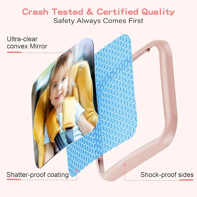 Car Mirror for Baby - Hook Clip Design, Never Shake Car Seat Mirror, Rear Facing, Easy Install, Back Seat Crystal Clear View, ShatterProof Tested - Pink