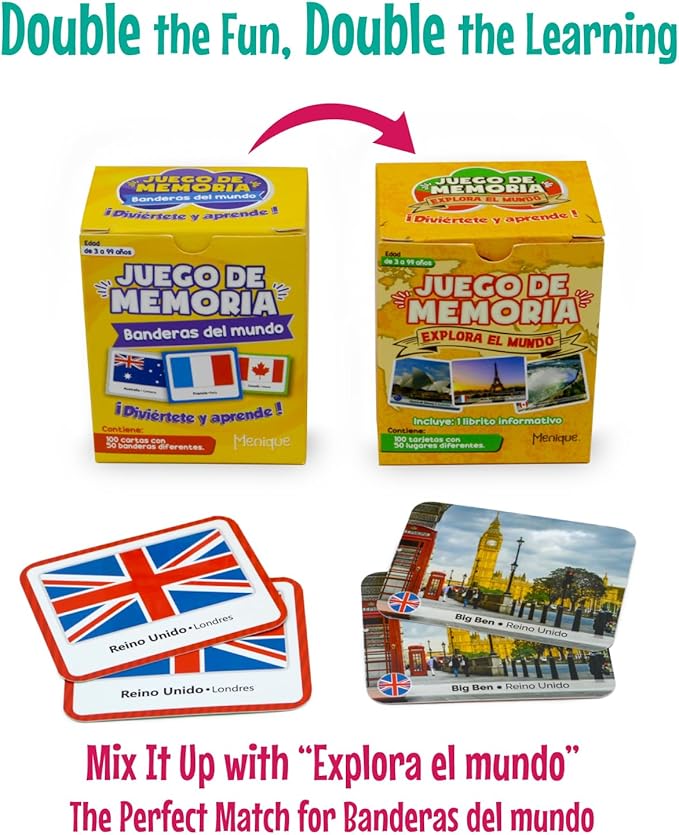 Menique, Juego de Memoria de Banderas del Mundo en español, para niños y adultos. Flags of The World, Memory Matching Game in Spanish, for Kids and Adults, 100 Tiles 50 Pairs.