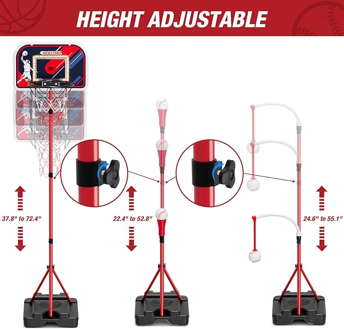 4 in 1 Kids Basketball Hoop and Tball Set for Toddlers 3-5, Basketball Goal with Scoreboard & LED, Hanging Tee Ball Stand with Baseball Pitching Machine, Indoor Outdoor Sport Toys for Boys 4-8