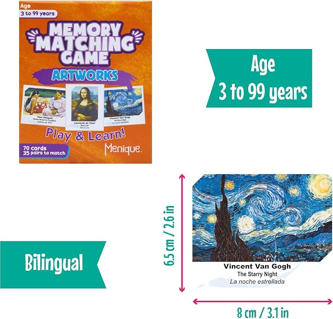 Menique Memory Matching Game – Famous Paintings for Adults & Kids – 70 Cards (35 Pairs) – Bilingual Art Game – Educational & Concentration Activity