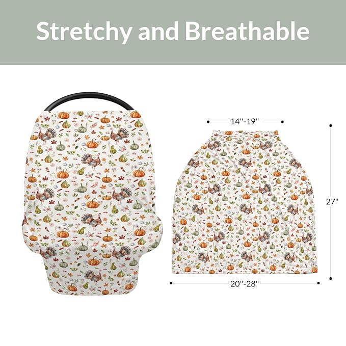 Thanksgiving Turkey Pumpkins Car Seat Covers Vintage Autumn Leaves Stretchy 5-in-1 Cover Adjustable Infant Carseat Cover Canopy Fall Harvest Breathable Nursing Cover-Up
