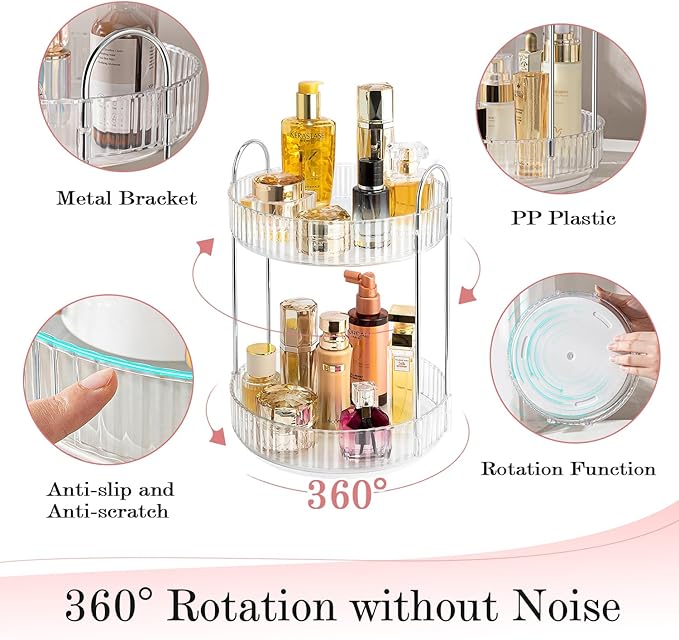 Rotating Makeup Organizer, 360° Spinning Makeup Storage Holder Rack, Dresser Bathroom Organizer Countertop, Large Capacity Perfume Skincare Lipstick Organizer for Vanity.(2 Tiers, Transparent)