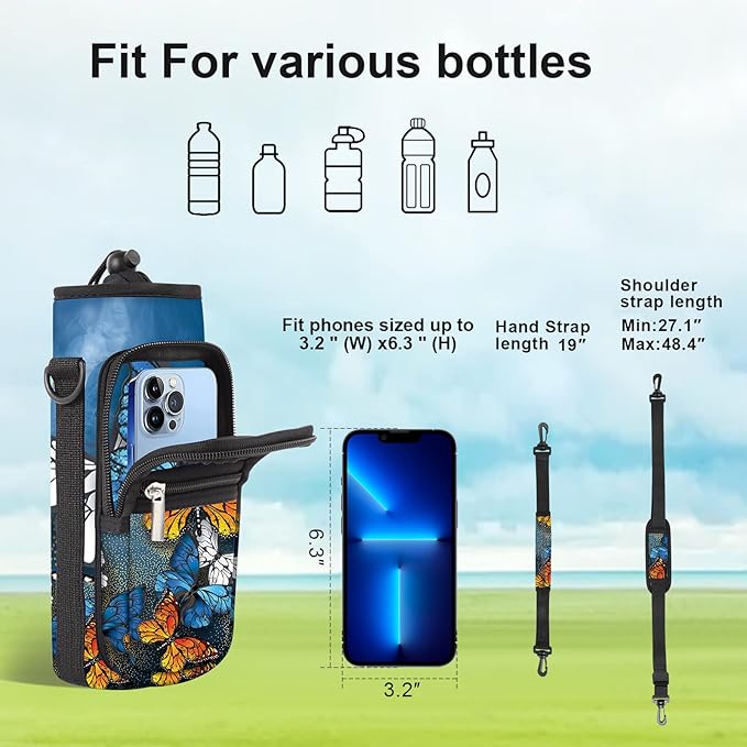 25/32/40/64oz Water Bottle Bag Holder Carrier-Insulated Crossbody Sling Case Sleeve with Strap & Pockets for Men Women Gym Cycling Travel Walking Hiking Camping