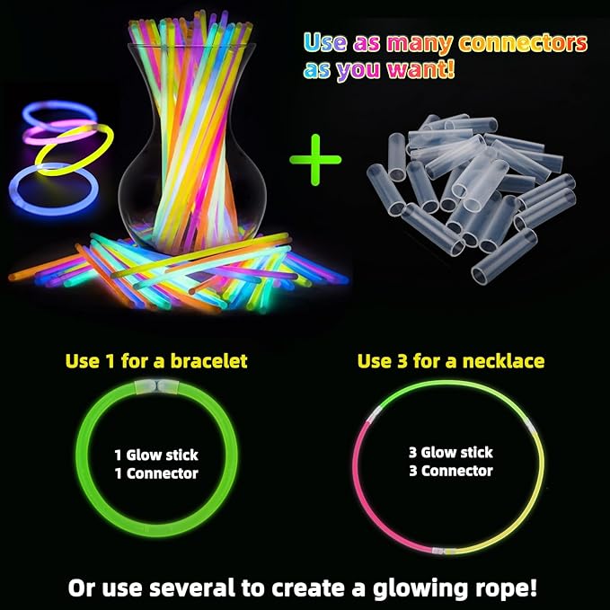 400 Pcs Glow Sticks Bulk Party Pack, 8'' Glow in the Dark Party Supplies, Glow in the Dark Light Up Sticks with Connectors, Party Favors for Birthday, Concert, Raves, Halloween, Christmas