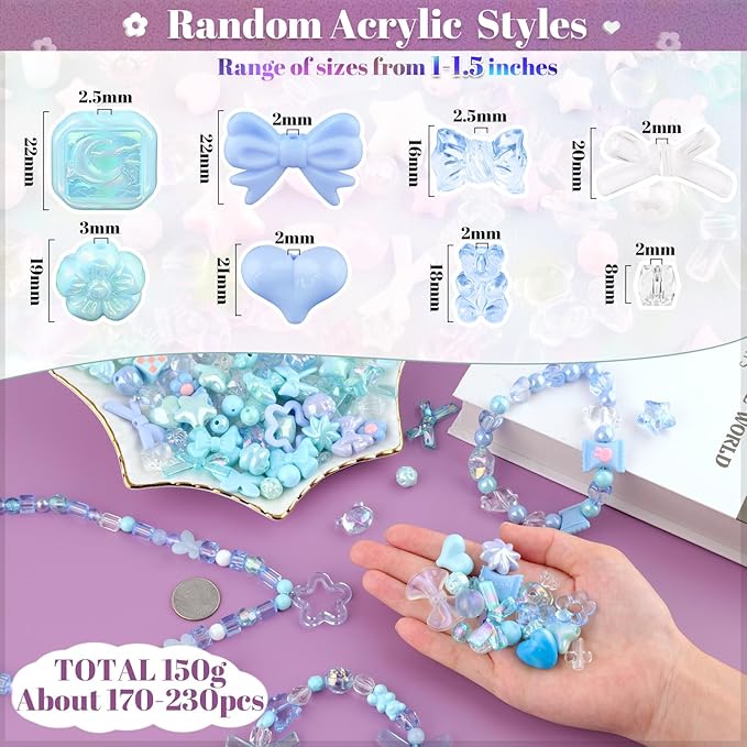 Assorted 170-230PCS Blue Acrylic Beads for Bracelet Making, Flower Bow Butterfly Candy GummyBear Aesthetic Bracelet Charms,Cute Beads for Jewelry Making DIY Necklace Keychain Phone Charm