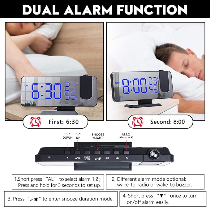 Projection Digital Alarm Clock for Bedrooms,Alarm Clock Radio on Ceiling, USB Charger Port, Temperature & Humidity Display, 7.3” Large Mirror LED Display,12/24H,Snooze,Dual Loud Clock- 4 Dimmer