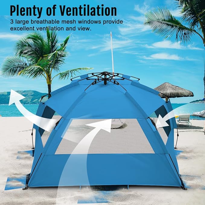 WhiteFang Deluxe Pop Up Beach Tent Sun Shade Shelter for 3-4/5-6 Person, UV Protection, Extendable Floor with 3 Ventilating Windows Plus Carrying Bag, Stakes, and Guy Lines