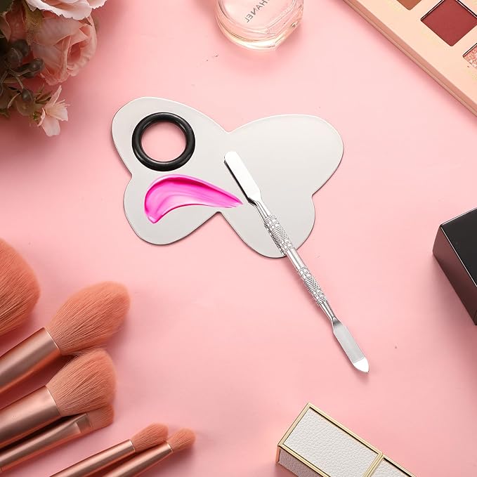 2 Pcs Stainless Makeup Mixing Palette,Tool for Mixing Foundation Nail-Art,Palette with A Stick,Storage Bag,Beauty Salon Color Cream Mixing Palette,Makeup Artist,Makeup Enthusiast (Butterfly Shaped)