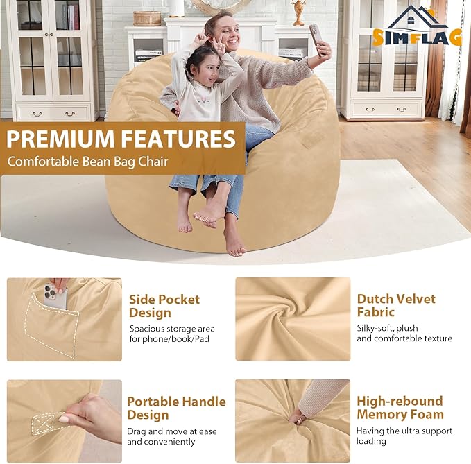 3FT Bean Bag Chair, Comfy Bean Bag Chairs with Memory Foam Filled, Fluffy Beanbag Sofa with Dutch Velvet Cover, Round BeanBag Chairs for Living Room, Playroom - Khaki
