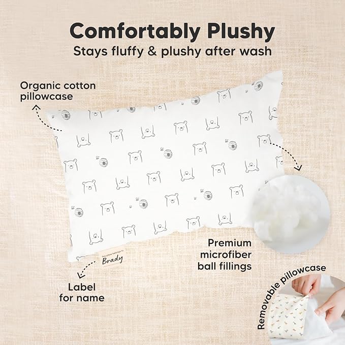 Mini Toddler Pillow with Pillowcase - 9x13 My Little Dreamy Travel Kids Pillow for Sleeping, Toddler Bed, Small, Tiny, Organic Cotton Pillowcase, Soft & Breathable, Kids 2-4 Years Old(Bumble Bear)