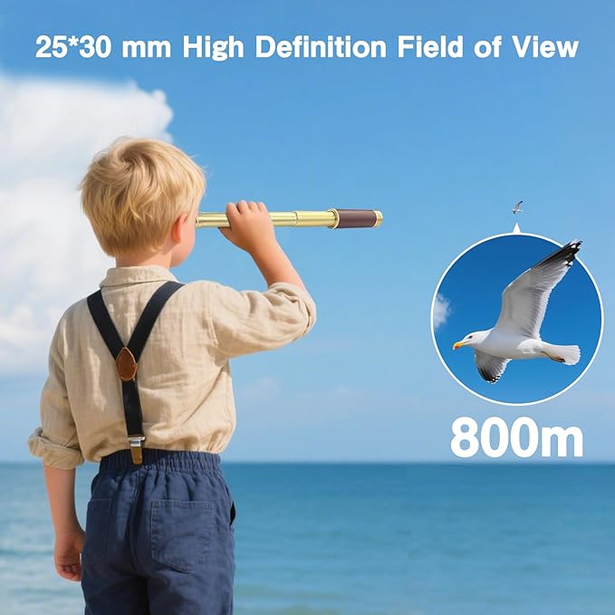 Retro Pirate Telescope 25x30 Spyglass Portable Collapsible Handheld Telescope Zoom Vintage Monocular Classical Collection Compass for Camping Hunting Boating Gift