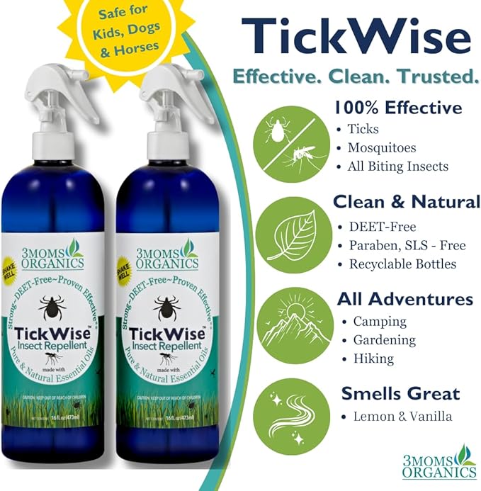 3 Moms Organics, TickWise 16oz Extra Strength Double Mama 2-Pack - DEET- Free, Tick and Insect Repellent, Plant Based Essential Oils, All Natural Ingredients, Safe for Kids, Adults, Dogs & Horses